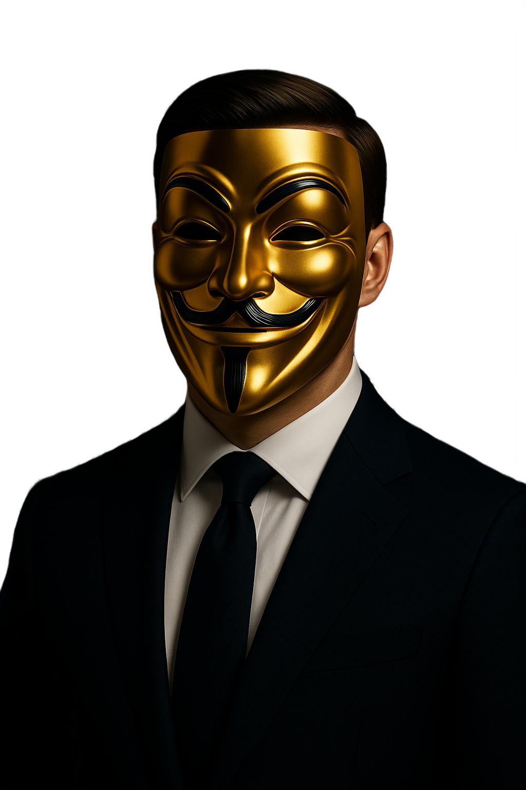 Profissional com máscara dourada representando o conhecimento exclusivo da IA